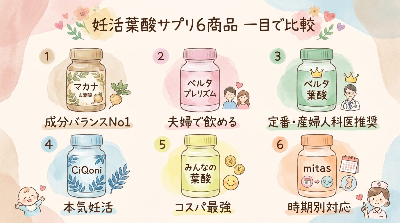妊活葉酸サプリ6商品の比較サマリー(マカナ・ベルタプレリズム・ベルタ葉酸・CiQoni・みんなの葉酸・mitas)