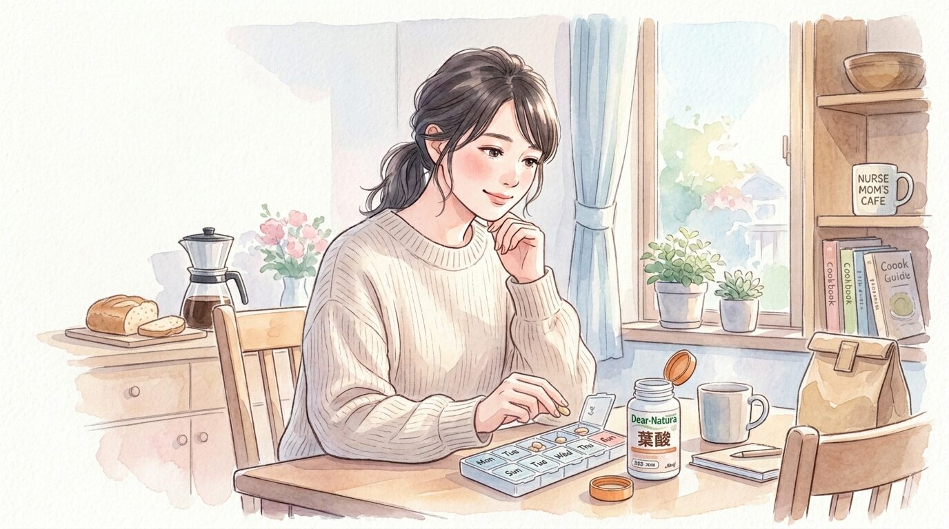 マカナを朝のキッチンで飲む看護師ママのイメージ