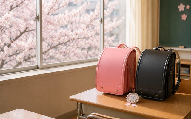 入学のランドセルと入学おめでとうバッジ